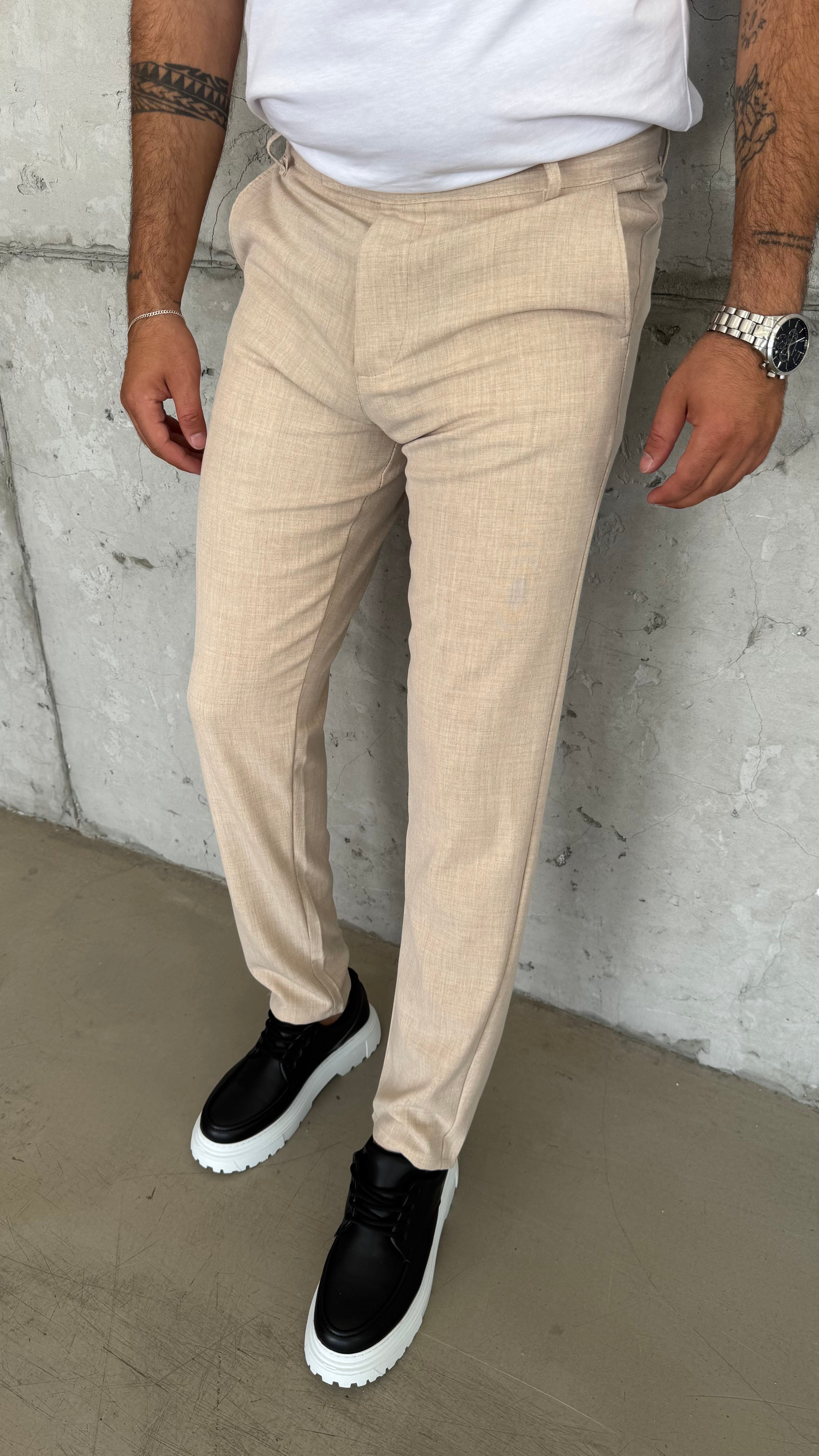 Bej Erkek Likrali Regular Fit İtalyan Kesim Kumaş Pantolon