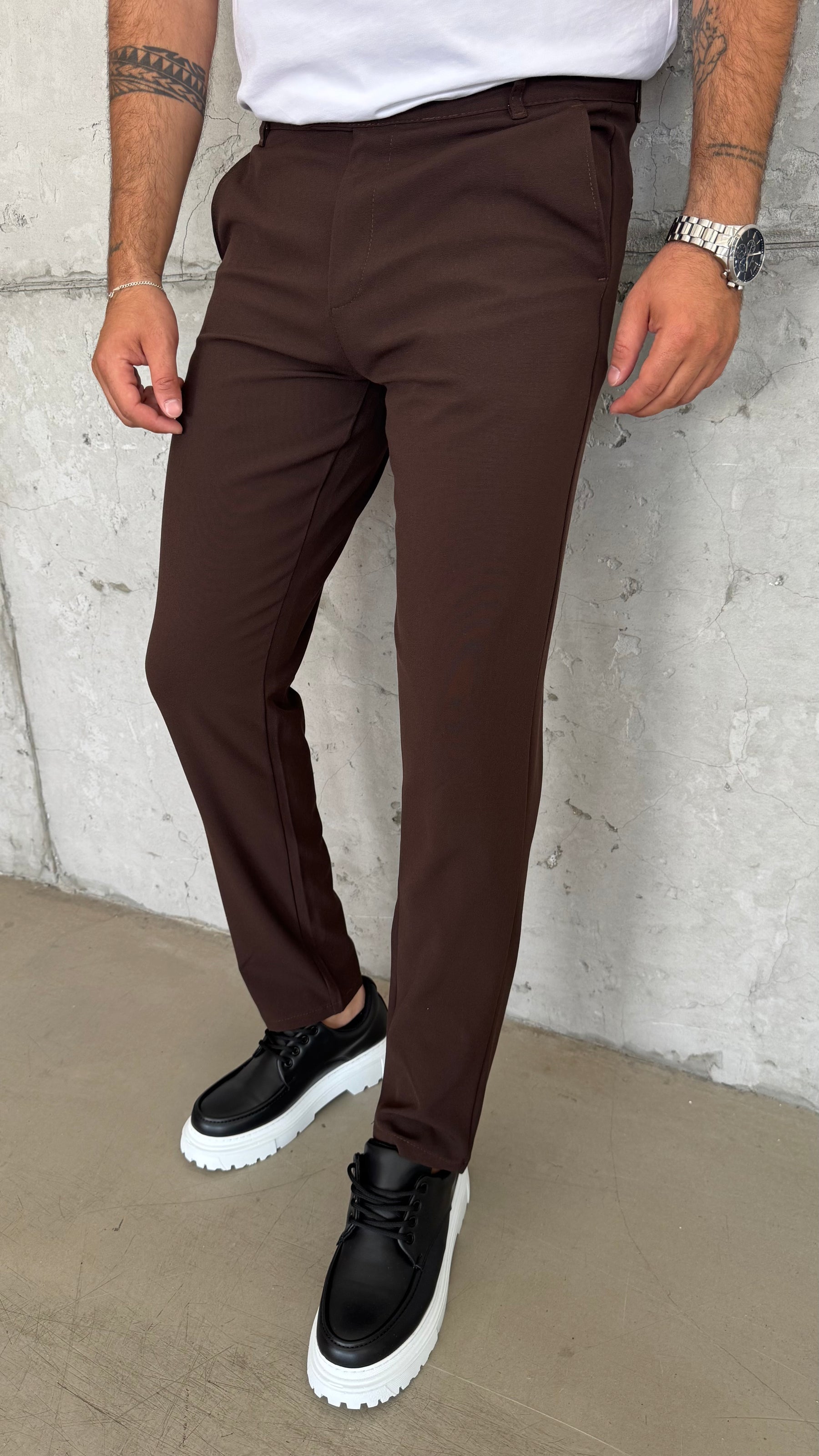 Kahverengi Erkek Likrali Regular Fit İtalyan Kesim Kumaş Pantolon