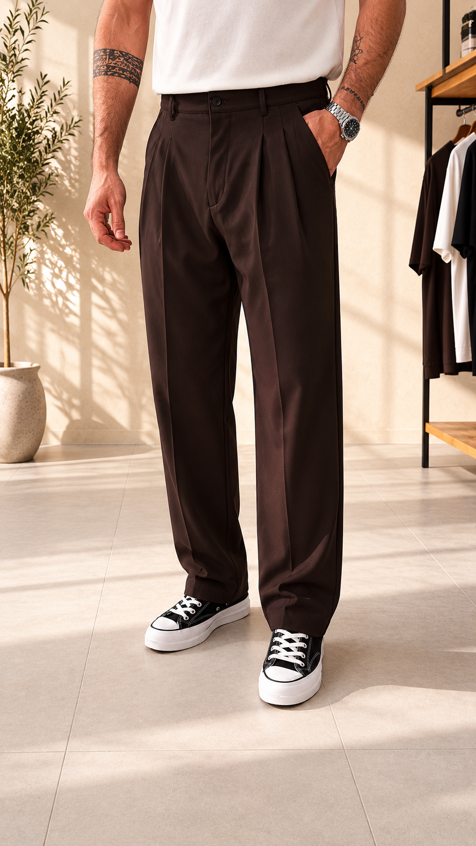 Premium Pileli Kahverengi Klasik Kumaş Pantolon