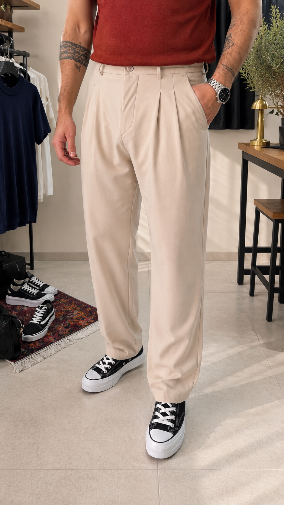 Premium Pileli Bej Klasik Kumaş Pantolon