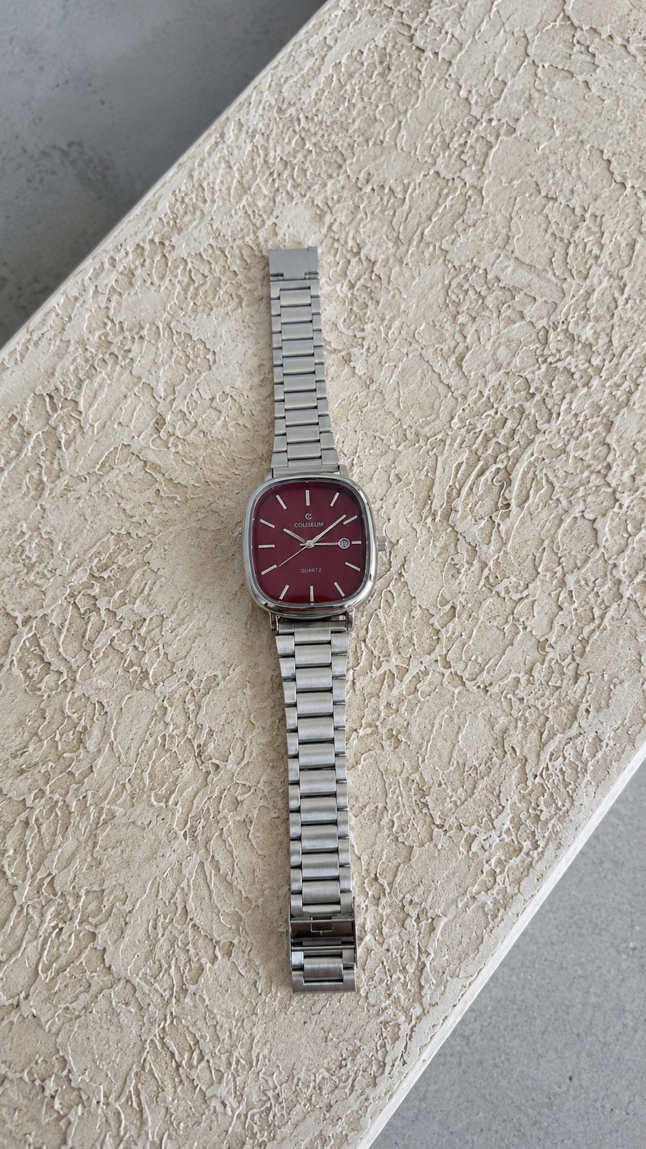 Vintage Çelik Kordon Erkek Saat – Bordo Kadran