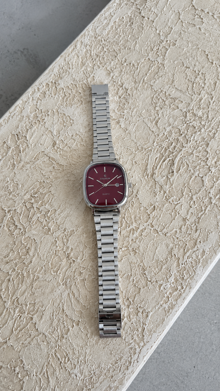 Vintage Çelik Kordon Erkek Saat – Bordo Kadran