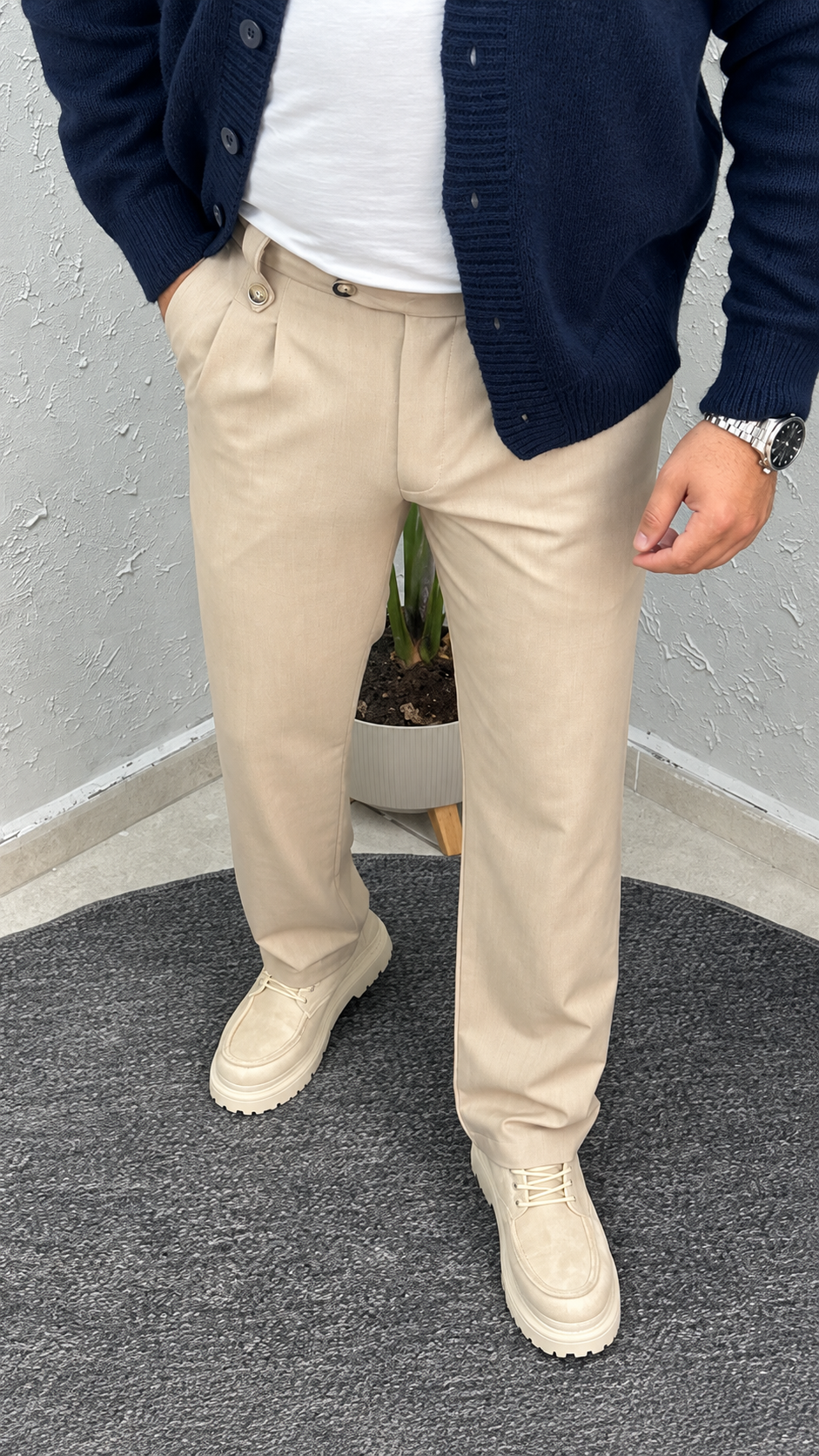 Bej Modern Fit Pileli Klasik Pantolon