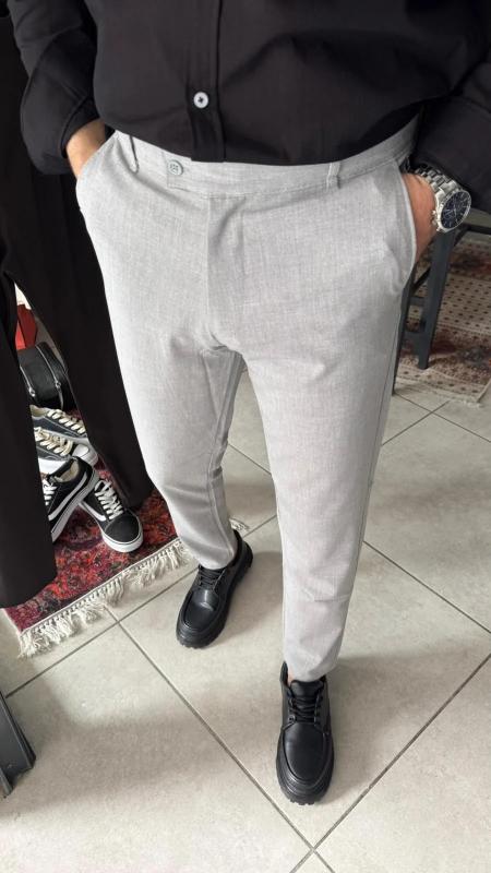 Gri Erkek Likrali Regular Fit İtalyan Kesim Kumaş Pantolon