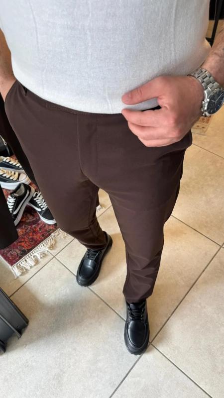Kahverengi Erkek Likrali Regular Fit İtalyan Kesim Kumaş Pantolon